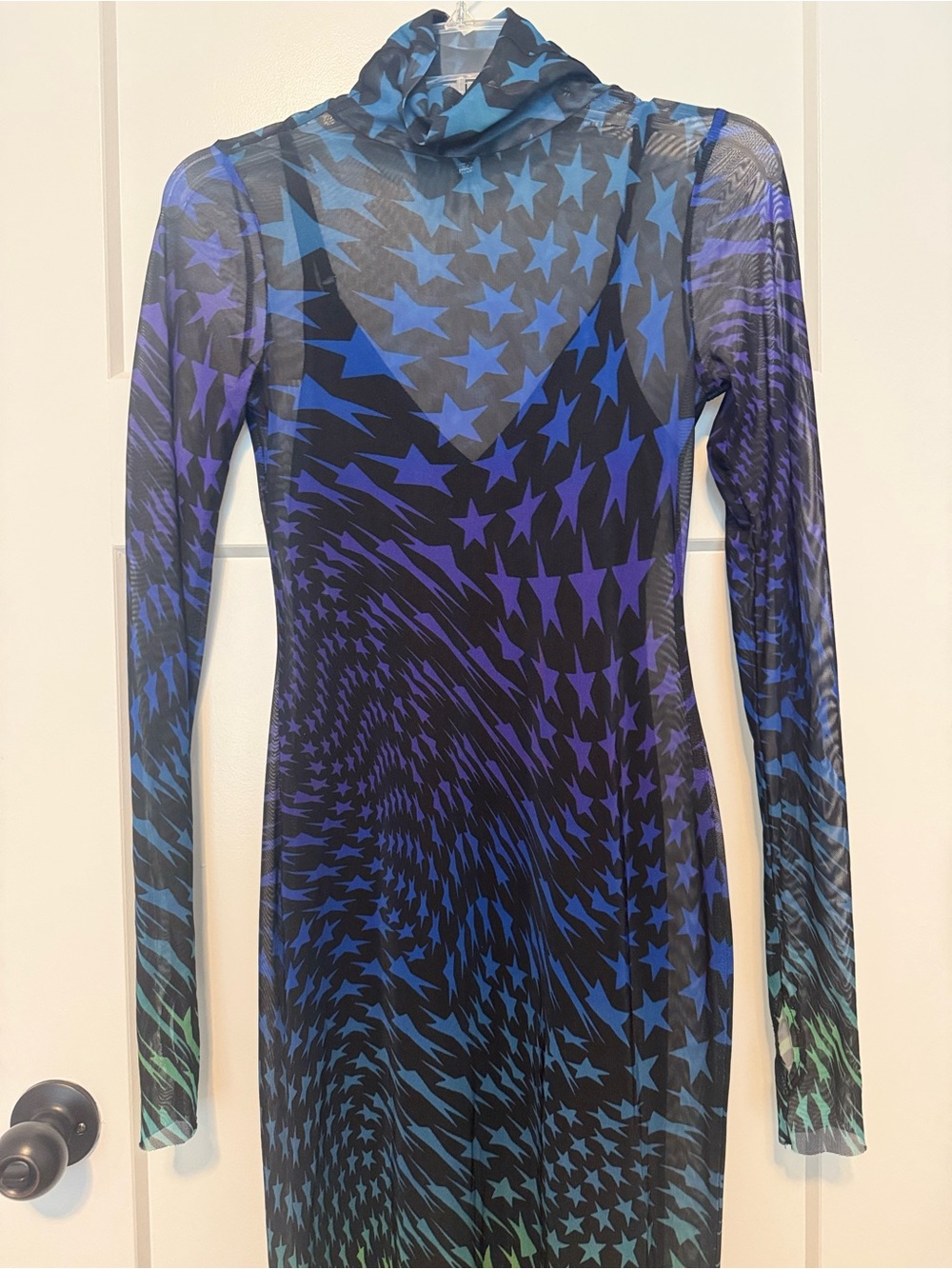 AFRM Sharlene turtleneck dress Sheer Star Spiral Midi Dress in Blue-Green - Picture 7 of 12